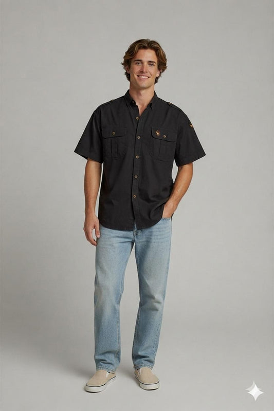 Camel Black Button-Down Shirt with Embroidered Logo - Size XL