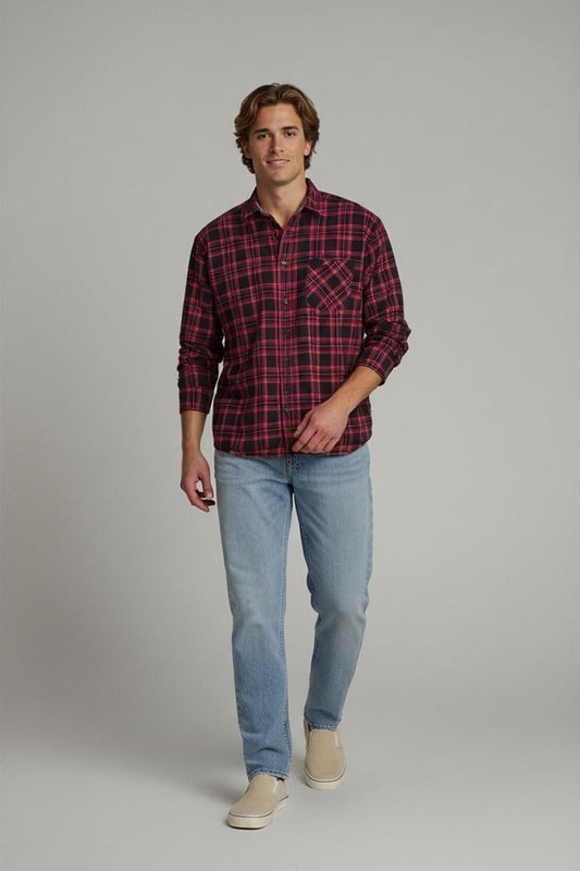 Lee Red & Black Plaid Flannel Button-Down Shirt - Slim Fit