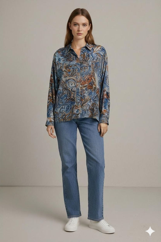East 100% Silk Patterned Blouse - Size XL