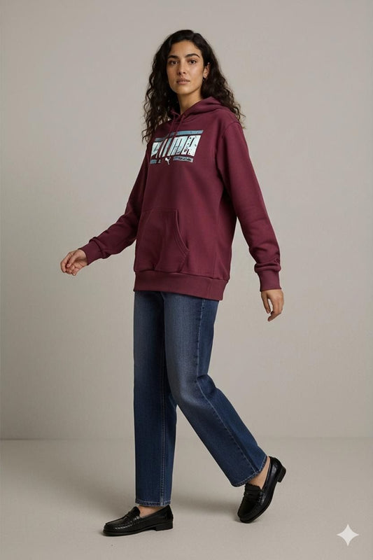 Puma Burgundy Hoodie with Distressed Logo - Size XS