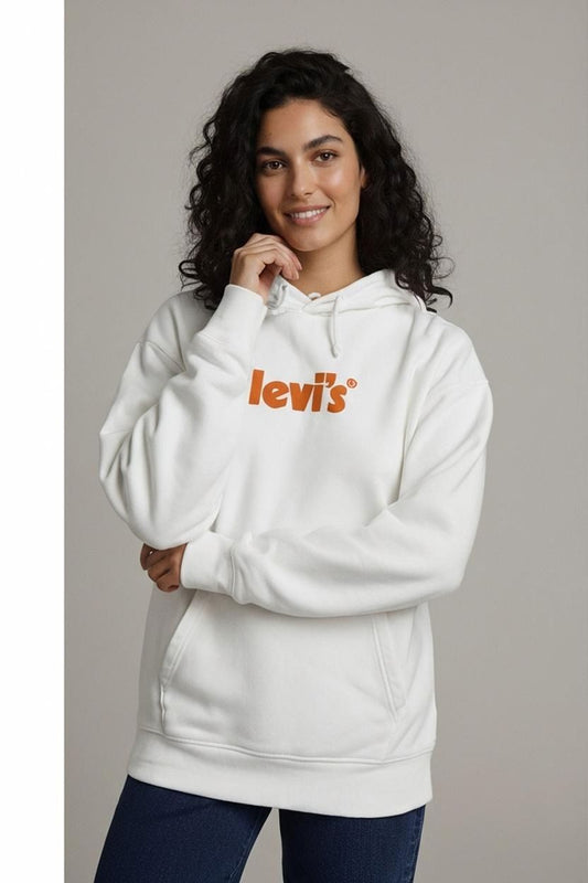 Levi's White Hoodie with Orange Logo - Size S