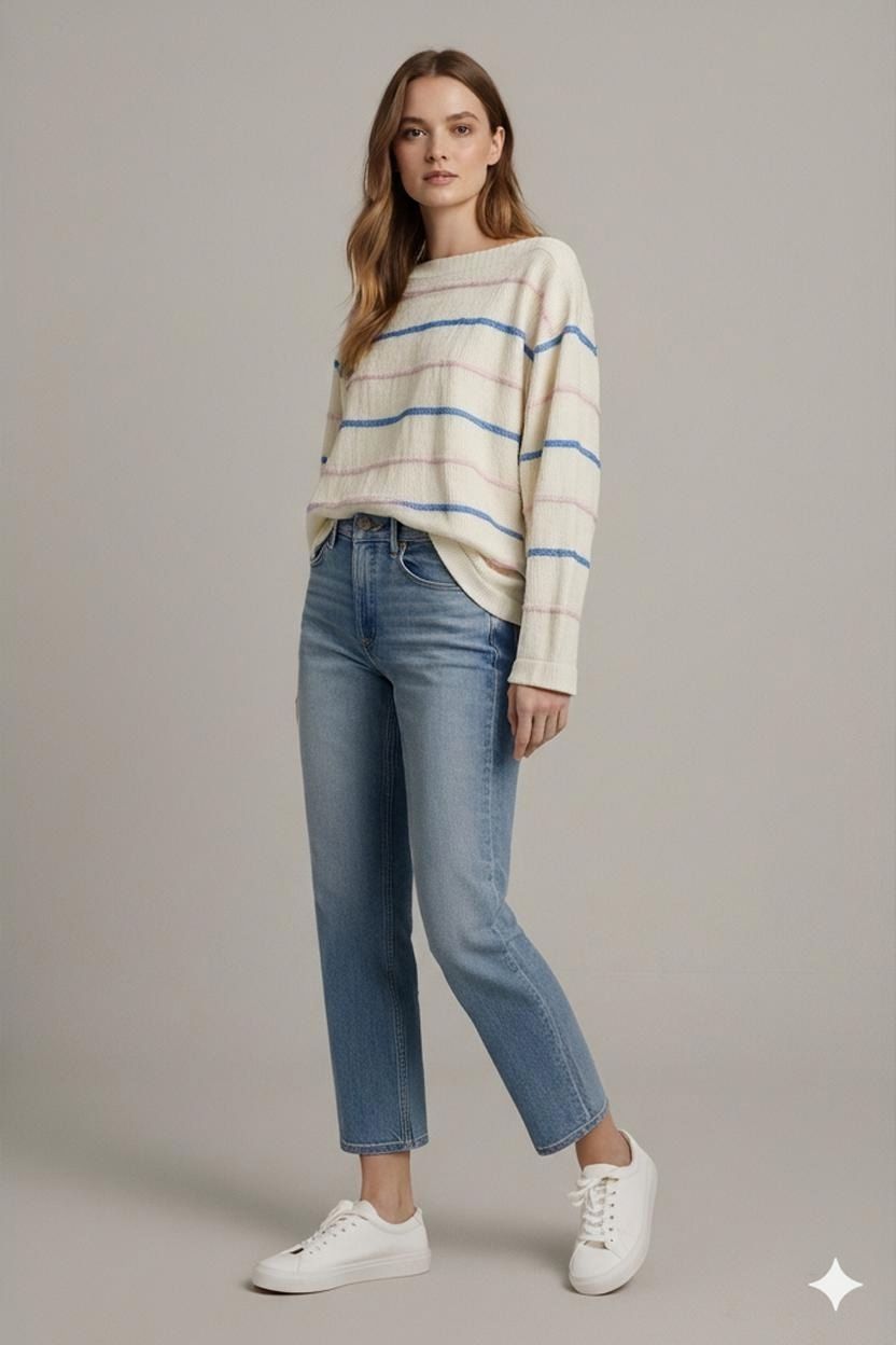 Cream Striped Knit Sweater with Blue and Pink Stripes