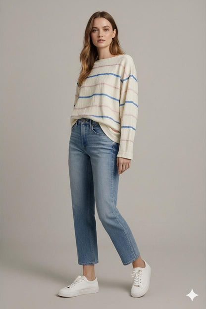Cream Striped Knit Sweater with Blue and Pink Stripes
