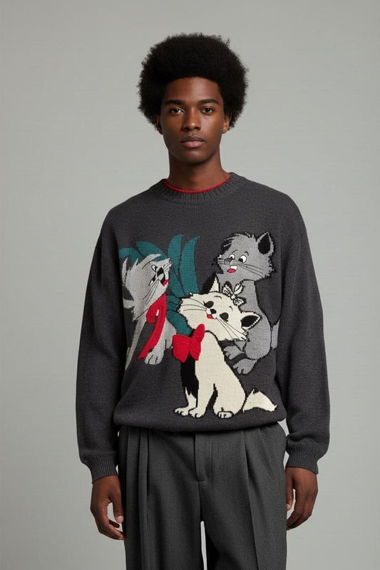 Vintage Cartoon Cat Sweater with Knitted Design - Dark Grey