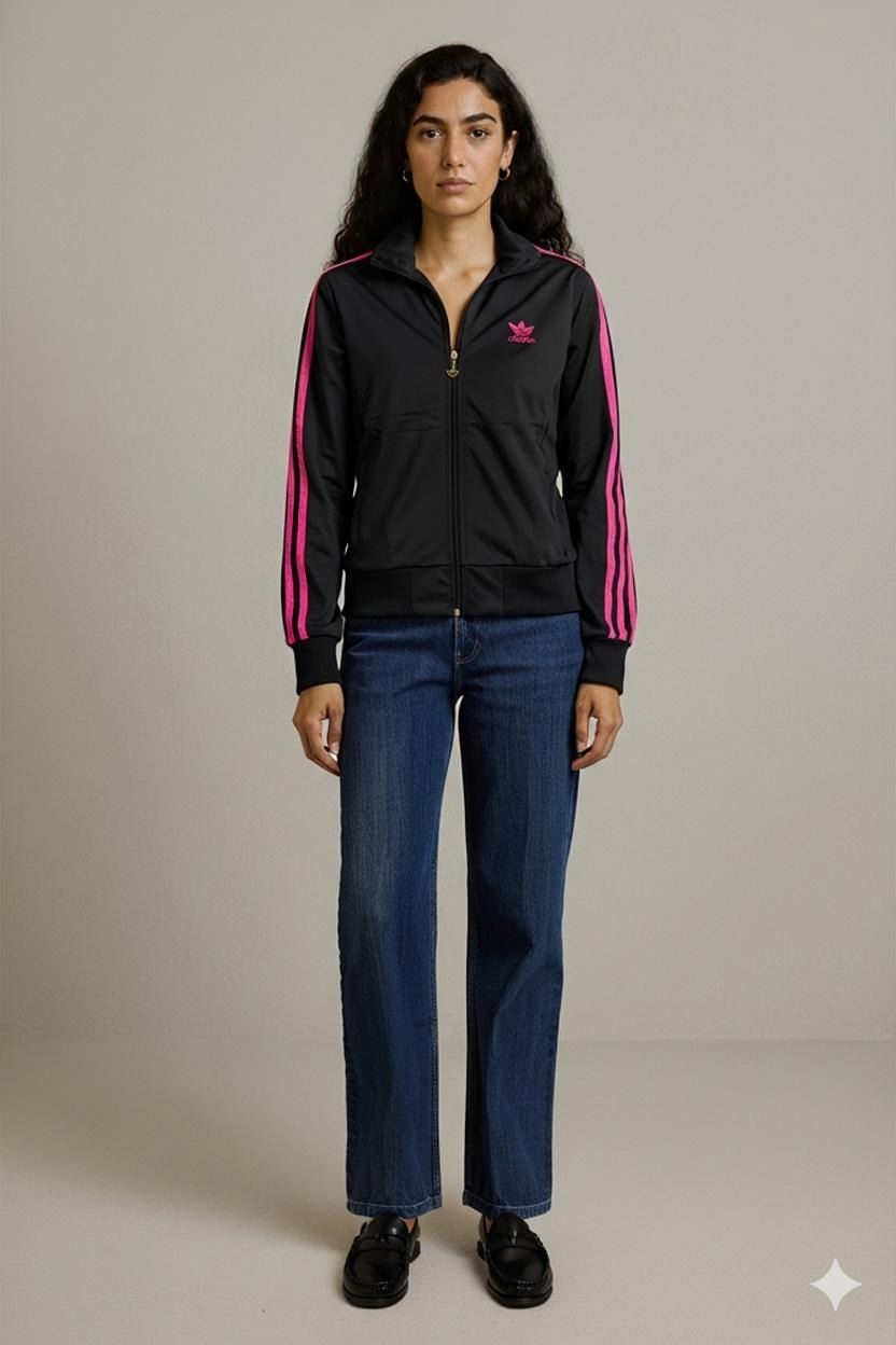 Adidas Black Track Jacket with Pink Stripes
