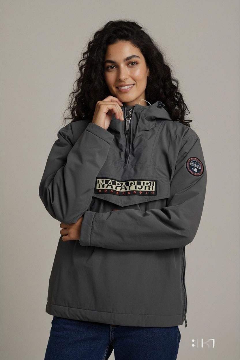 Napapijri Grey Windbreaker Jacket with Norwegian Flag - Regular Fit