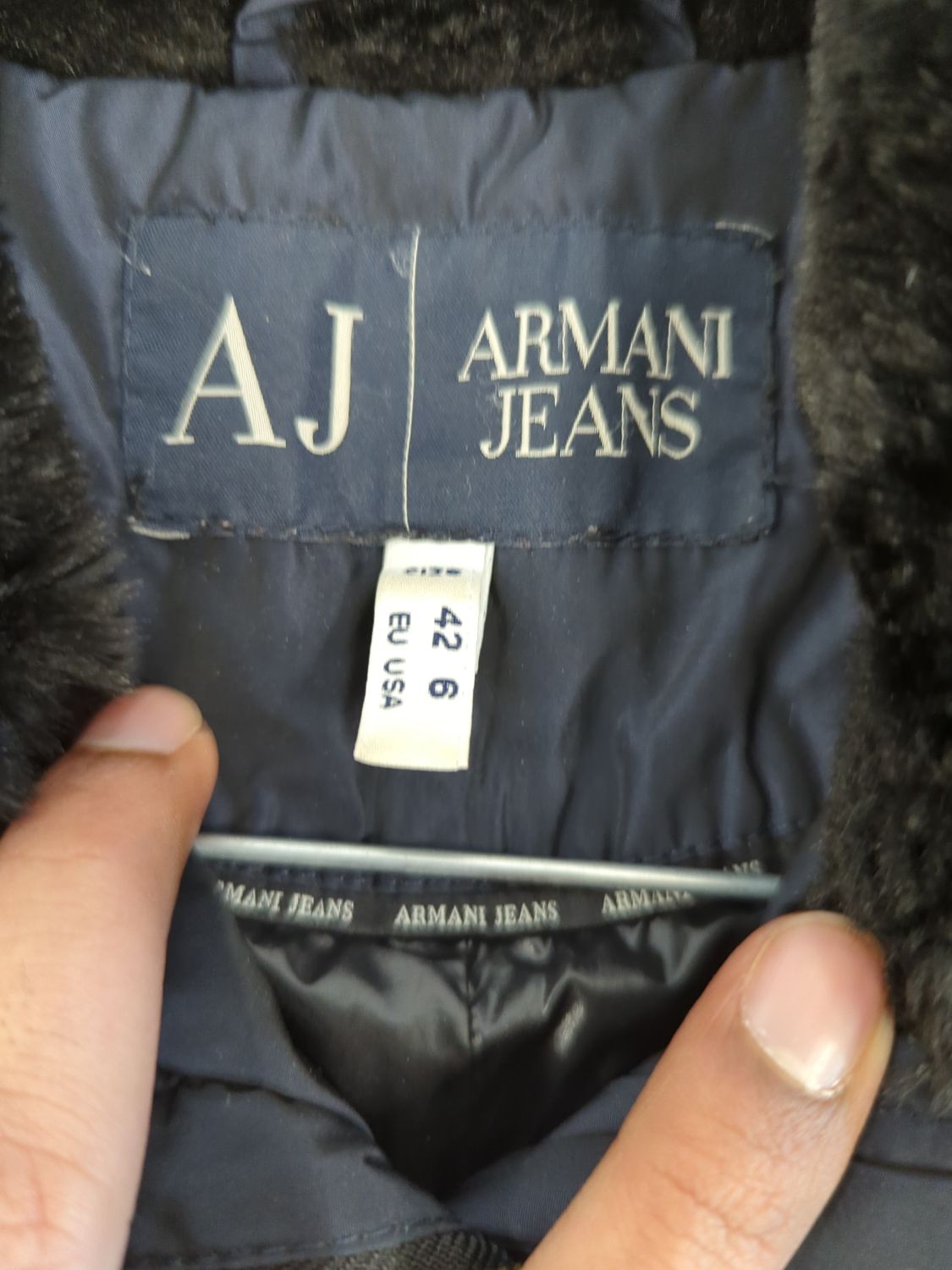 Armani Jeans Navy Parka Coat with Fur Collar - Size 42/6