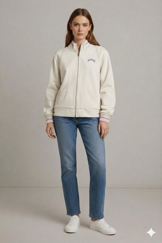 Champion Beige Bomber Jacket with Pink Trim - Size L